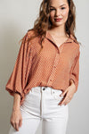 Printed blouse top with collared neckline, button down front, and smocked cuffs Blouse EE:Some