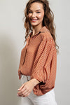 Printed blouse top with collared neckline, button down front, and smocked cuffs Blouse EE:Some