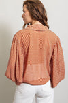 Printed blouse top with collared neckline, button down front, and smocked cuffs Blouse EE:Some