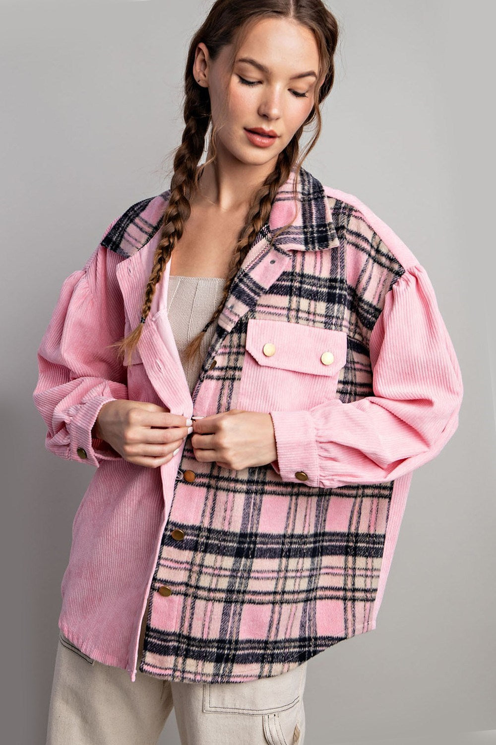 Bubble pinksoft washed corduroy button down jacket Shacket EE:Some