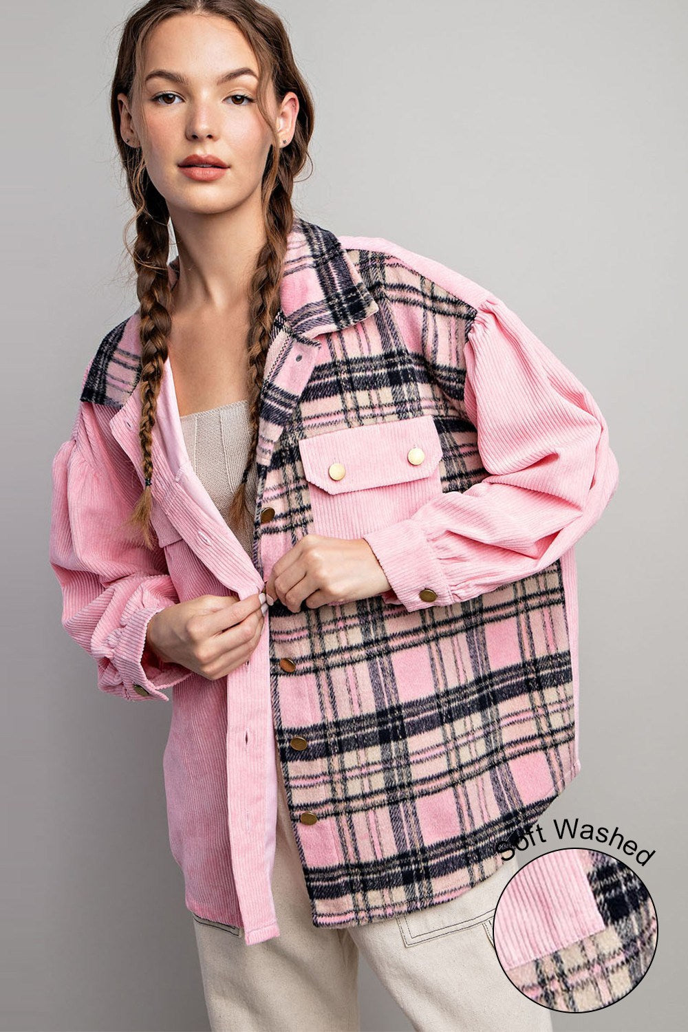 Bubble pinksoft washed corduroy button down jacket Shacket EE:Some