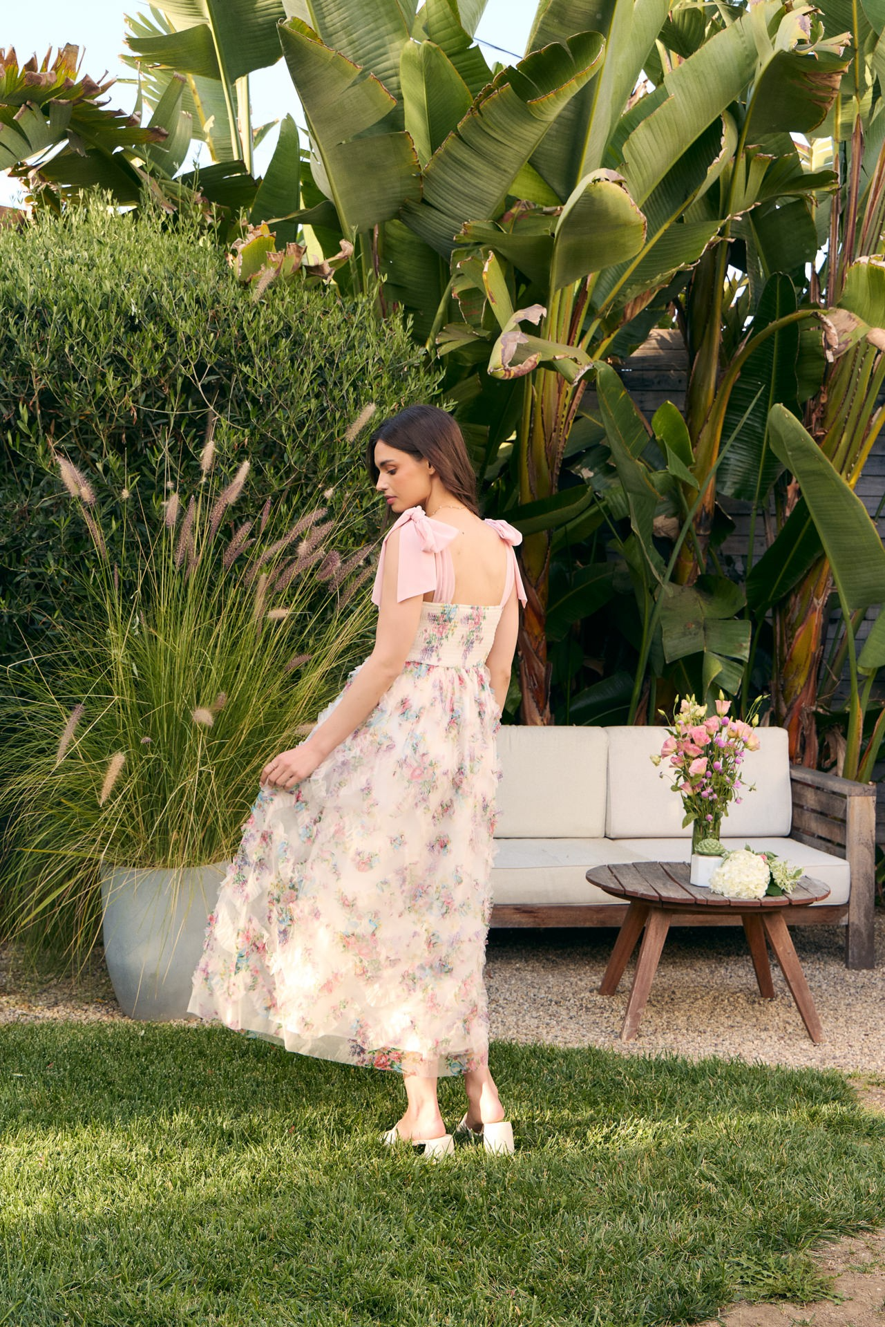 Shoulder tie smocked floral midi dress