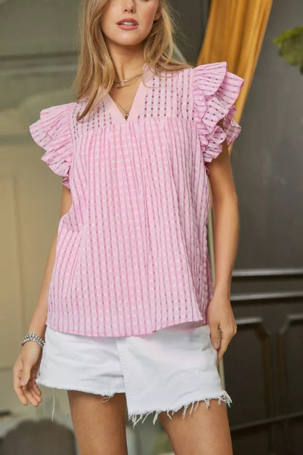 Mandarin collar with ruffle details and double layer ruffle sleeves and round hem top blouse Blouse Davi and Dani