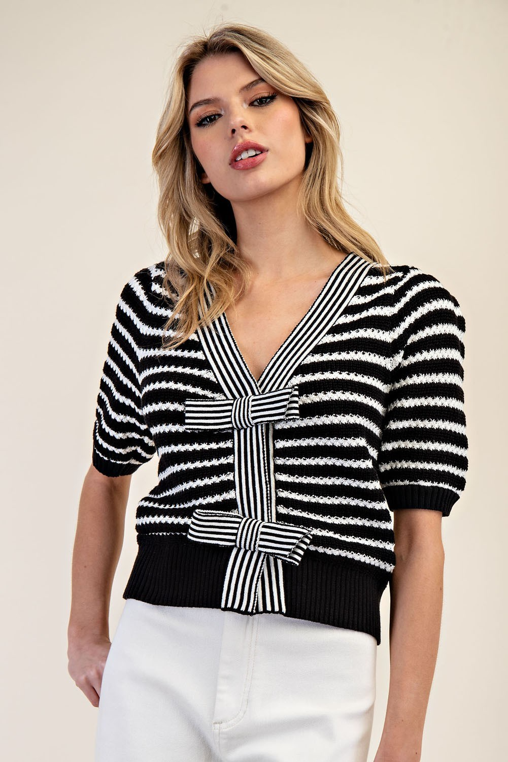 Striped V-neck short sleeve knit cardigan