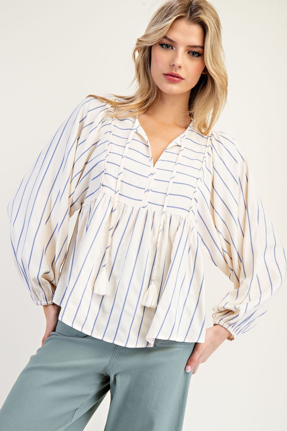 Tie Front Striped Long Sleeve Blouse
