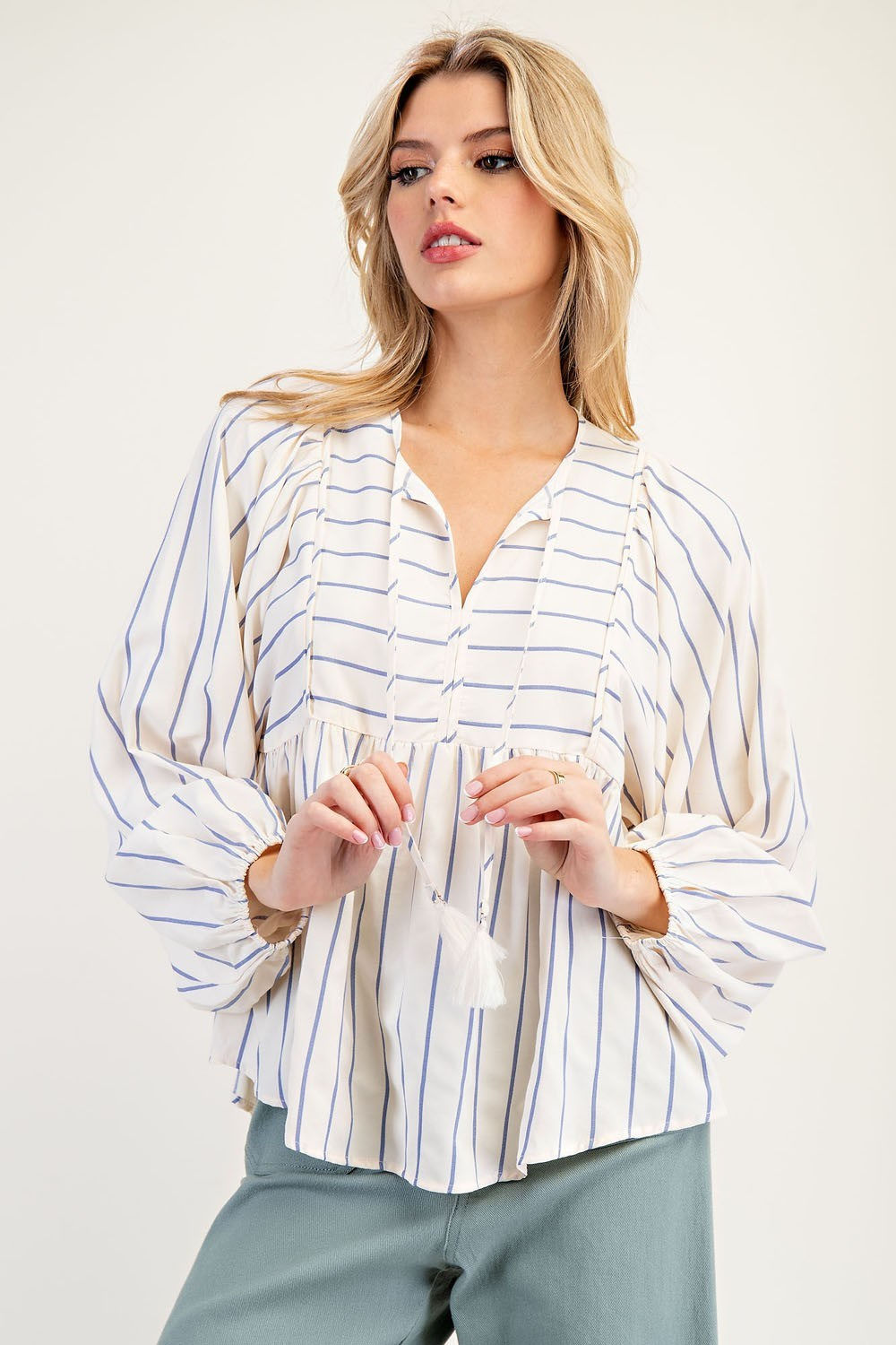 Tie Front Striped Long Sleeve Blouse