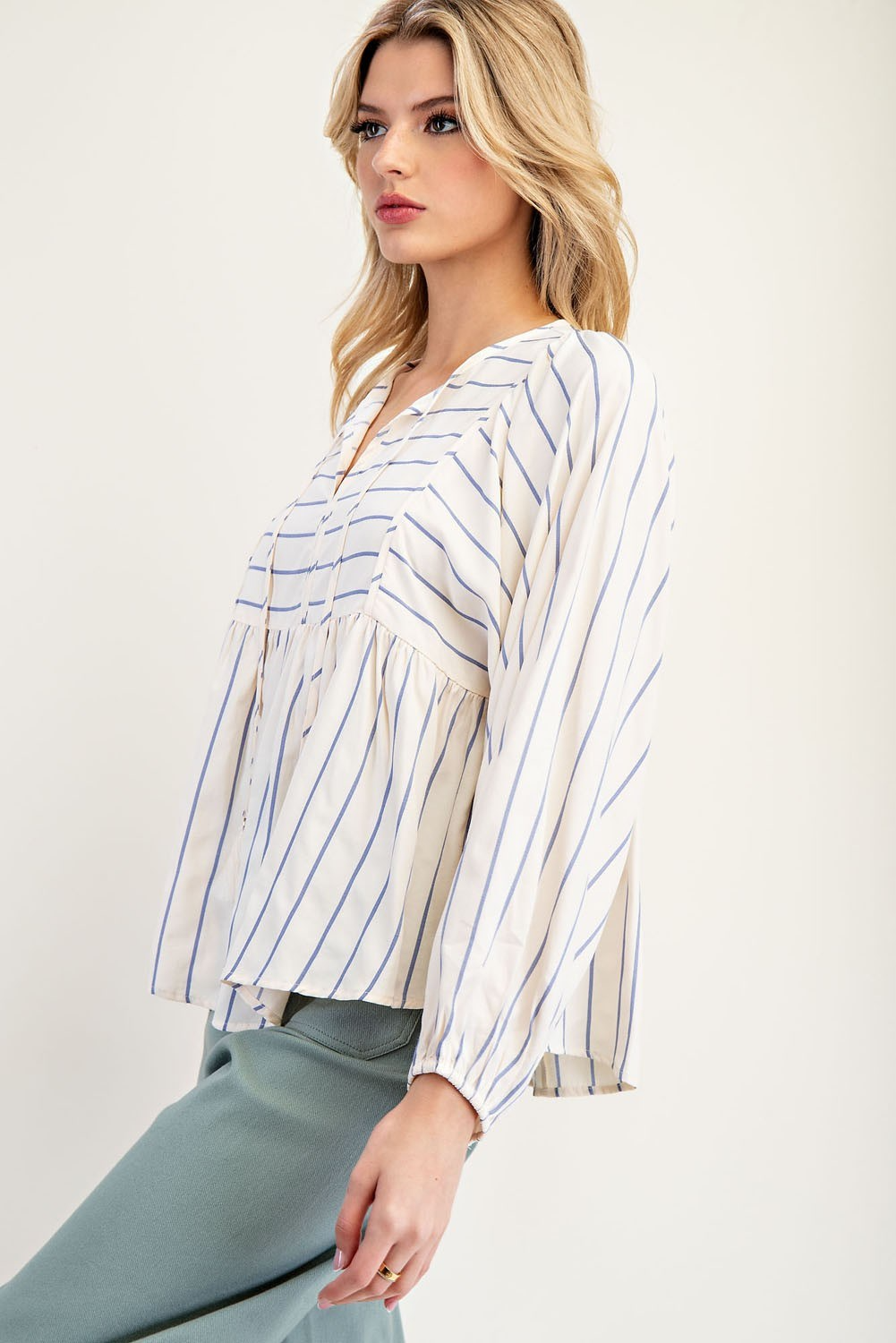 Tie Front Striped Long Sleeve Blouse
