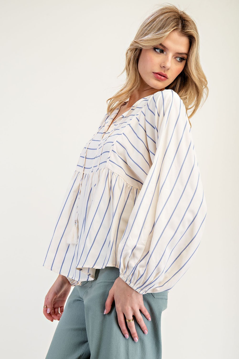 Tie Front Striped Long Sleeve Blouse