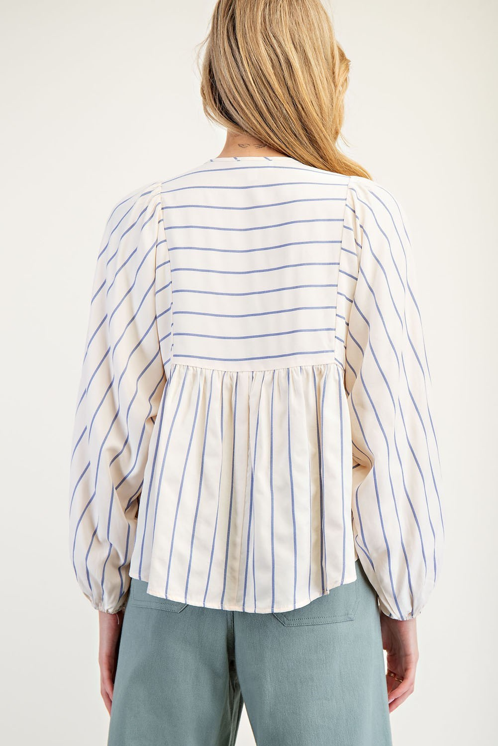 Tie Front Striped Long Sleeve Blouse