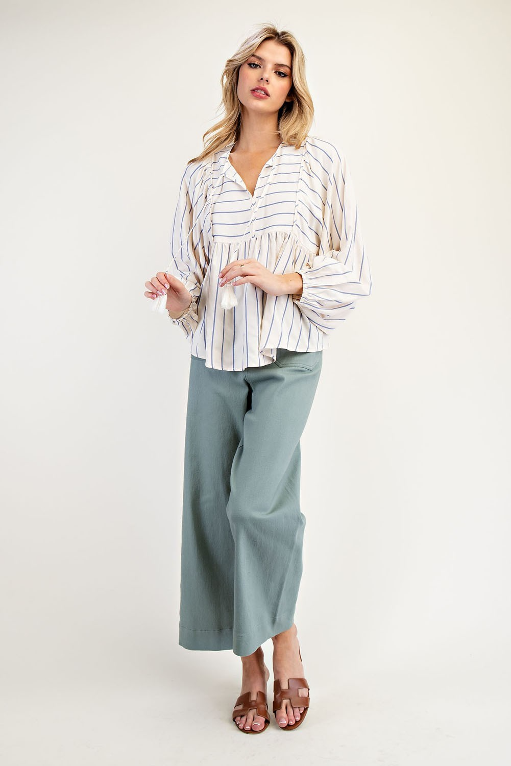 Tie Front Striped Long Sleeve Blouse