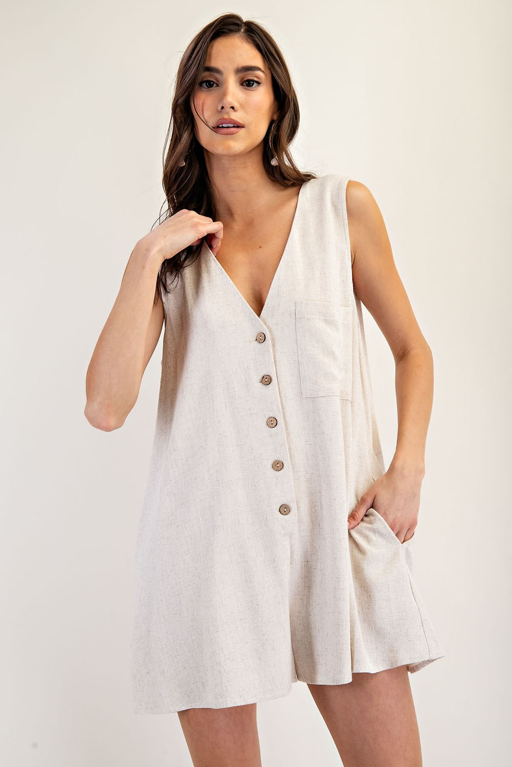 Sleeveless Button Down V-Neck Romper