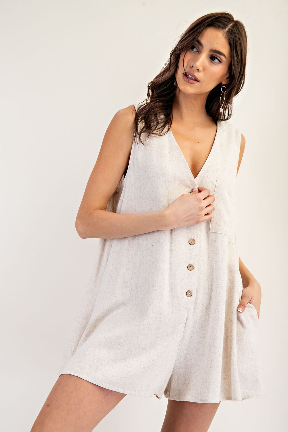 Sleeveless Button Down V-Neck Romper