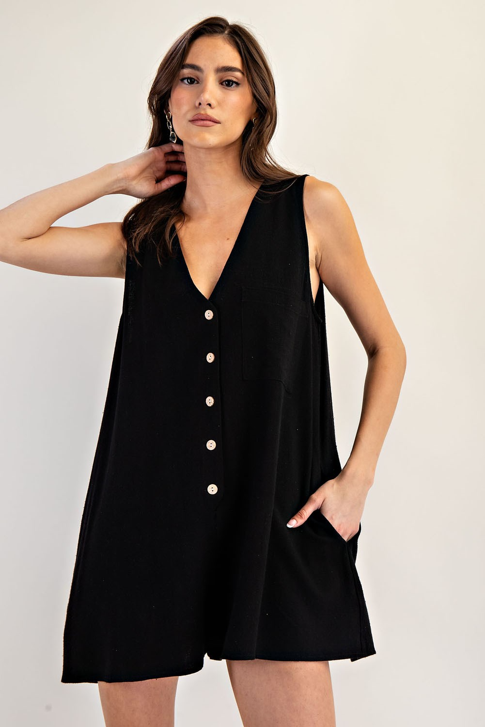 Sleeveless Button Down V-Neck Romper
