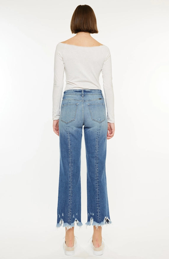 Kan Can high rise straight leg jeans with chewed hem