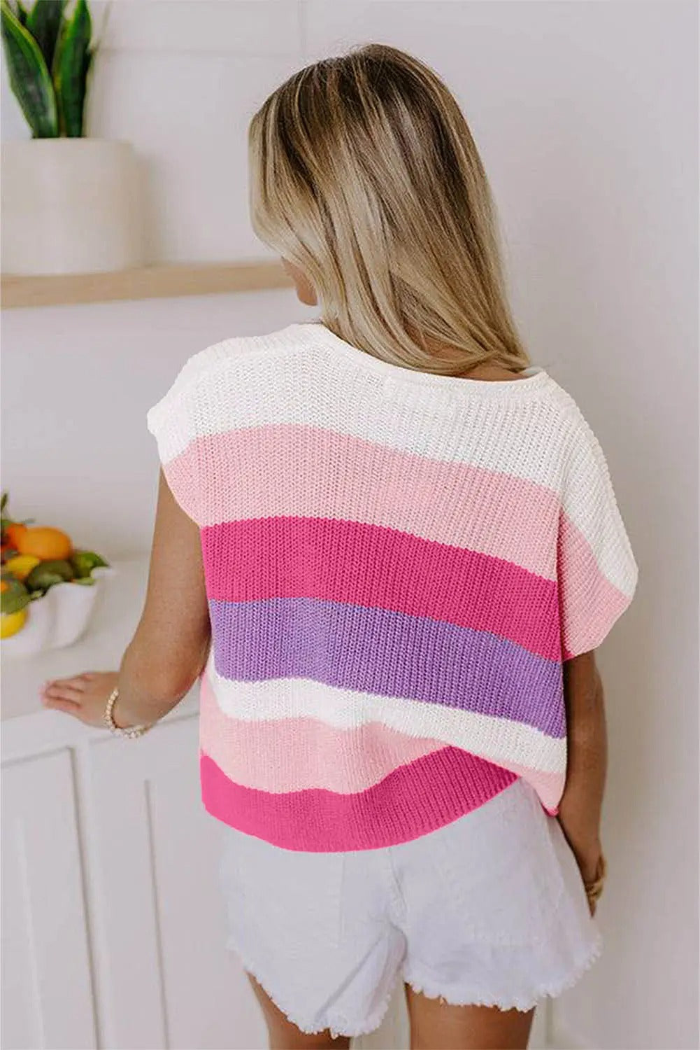 Colorblock striped knit casual v-neck short sleeve sweater