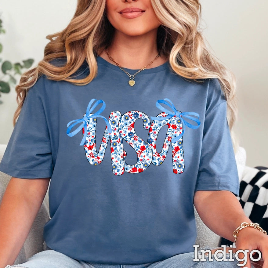 USA Floral July 4th Graphic Tee with decorative bows