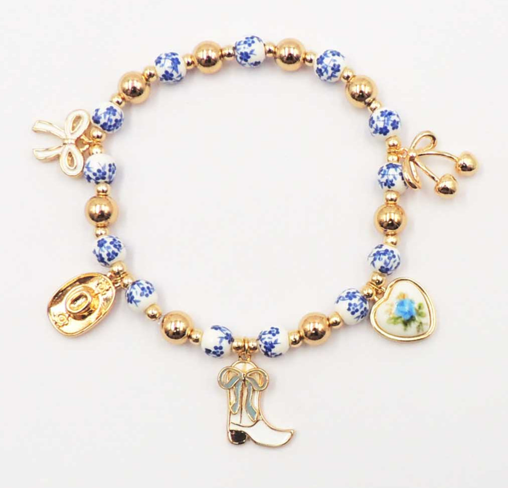 Western Charm with Blue Ceramic Beaded Stretch Bracelet