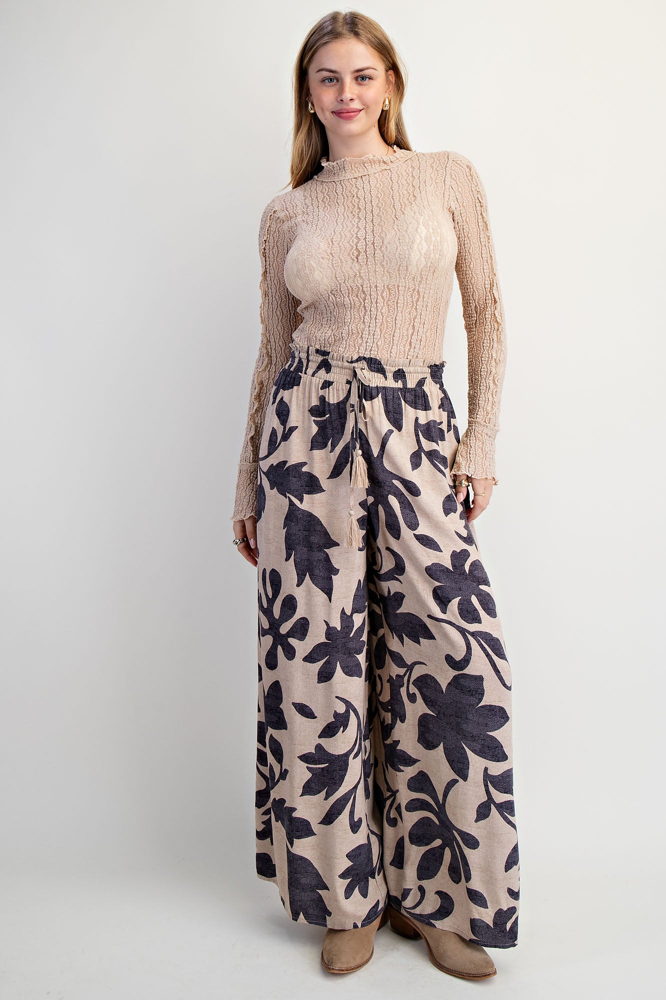 Printed rayon challis smocked waist pants