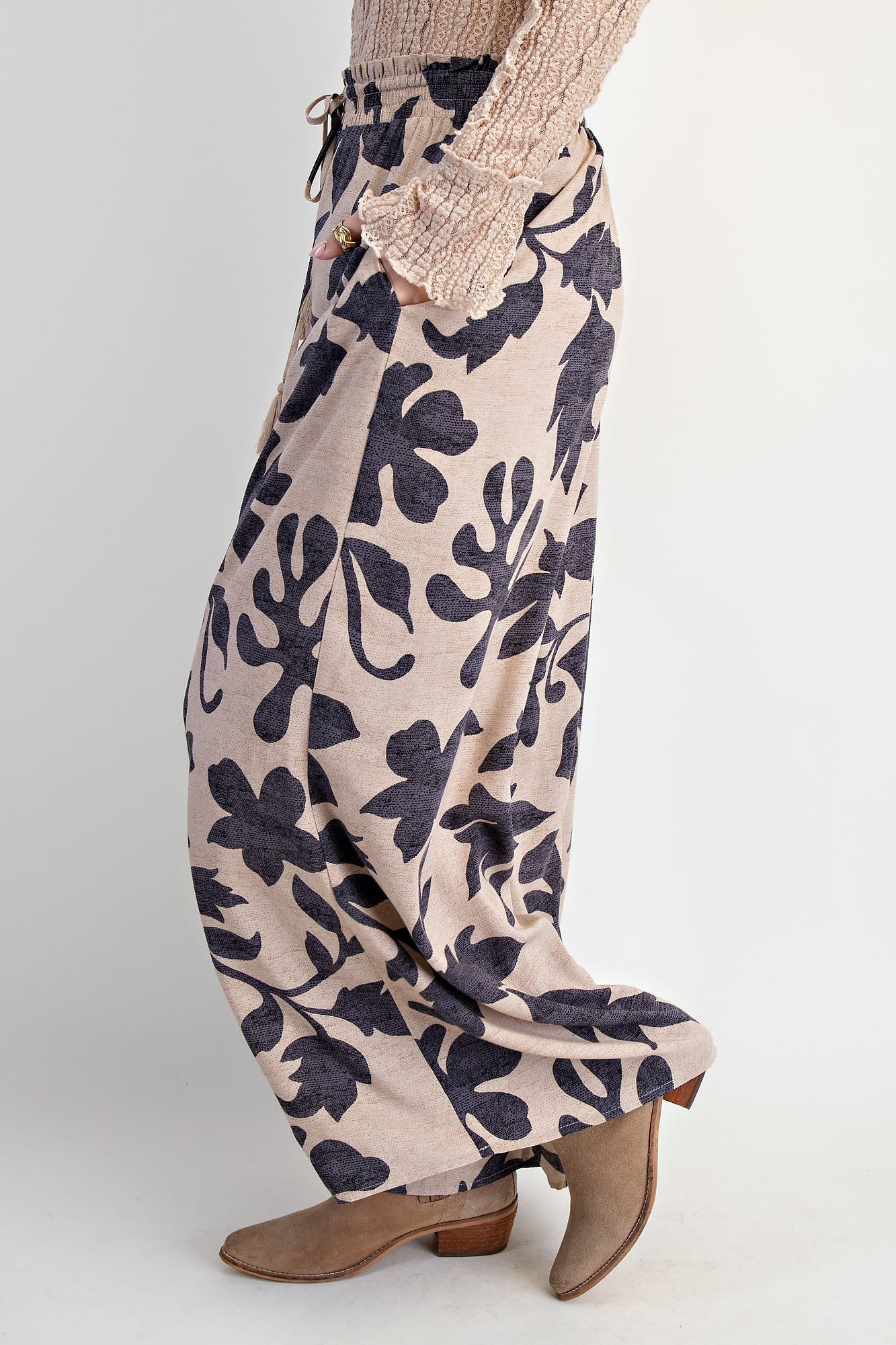 Printed rayon challis smocked waist pants