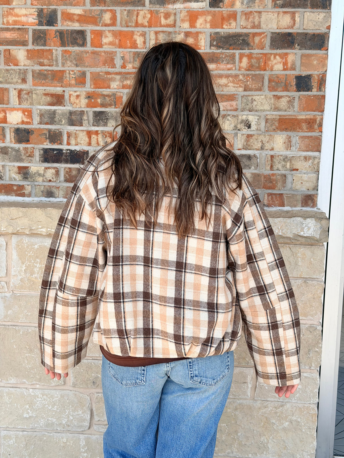 Plaid flannel woven bubble hem jacket