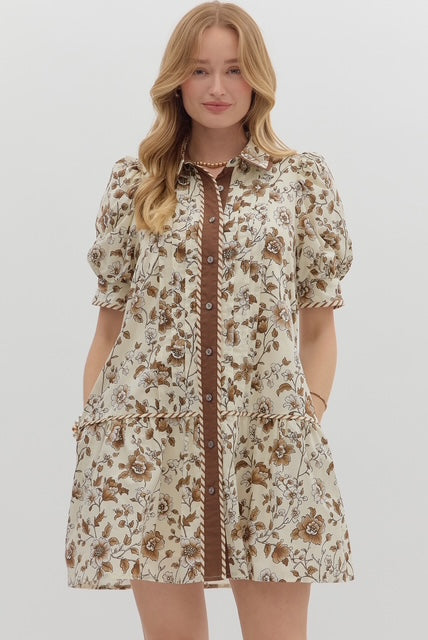 Floral print cuff band short puff sleeve ruffle hem mini dress