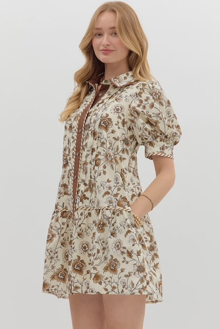 Floral print cuff band short puff sleeve ruffle hem mini dress