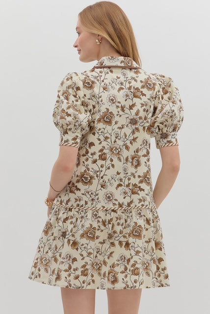 Floral print cuff band short puff sleeve ruffle hem mini dress
