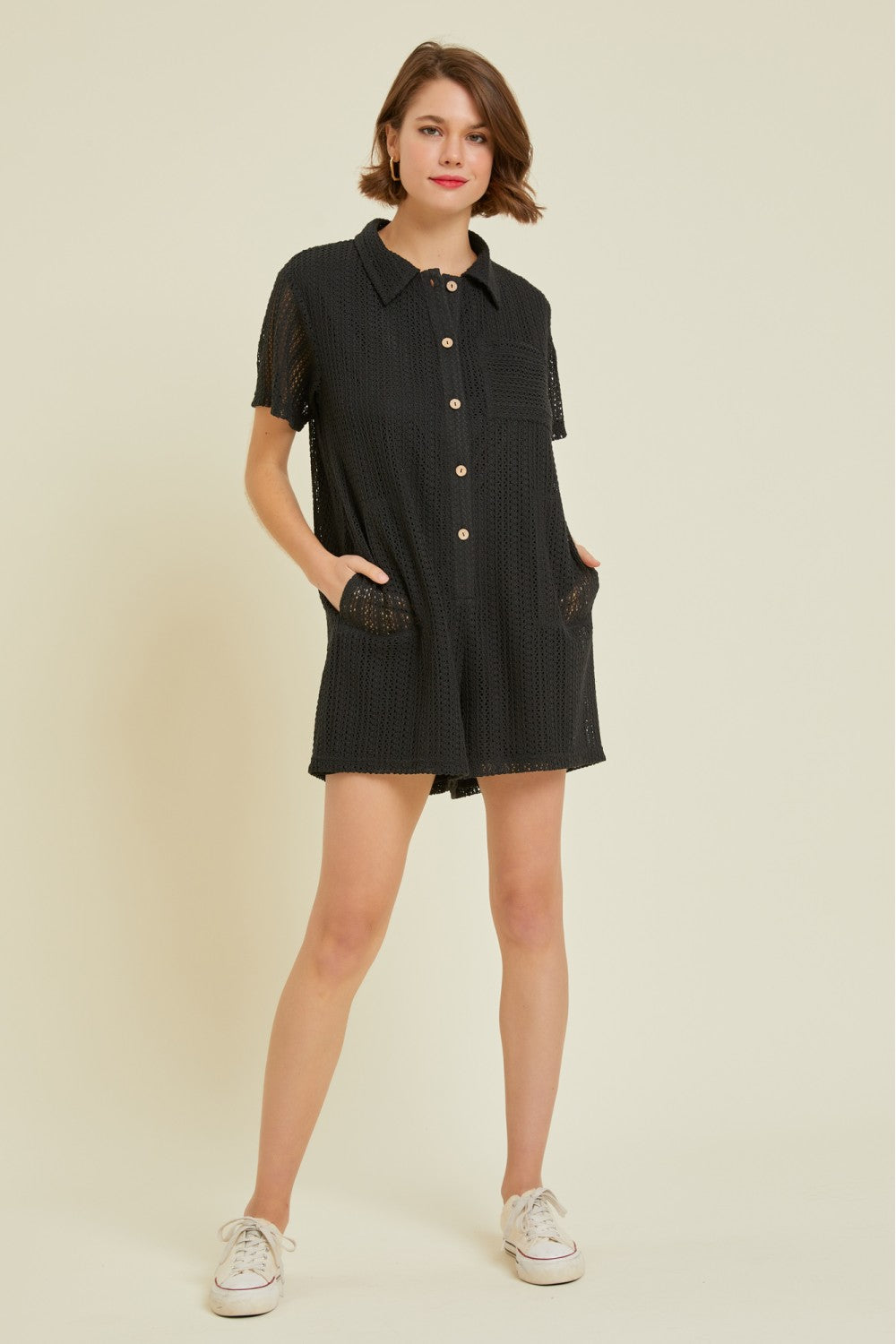 Button down crochet romper with pockets Jumpsuit Heyson