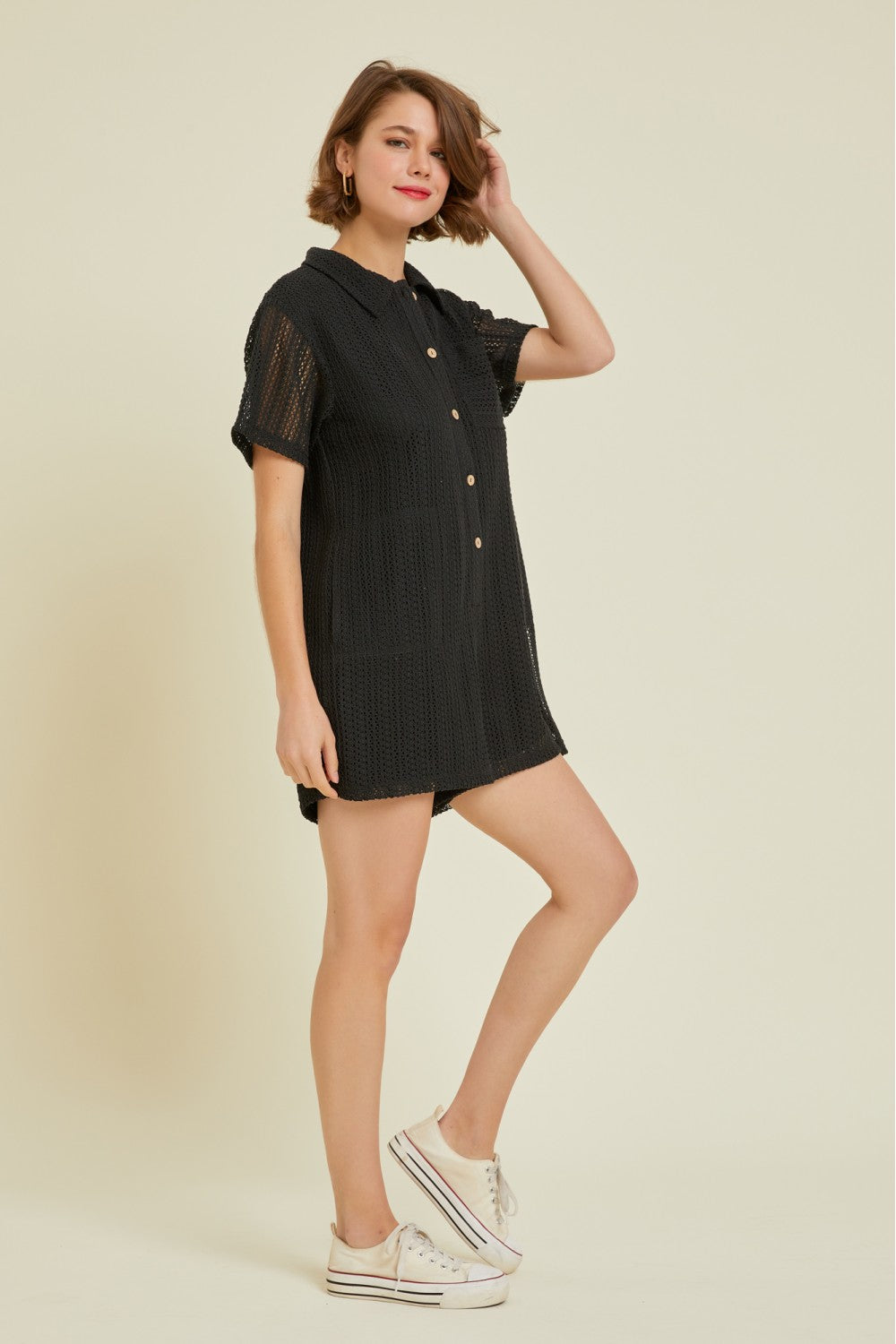 Button down crochet romper with pockets Jumpsuit Heyson