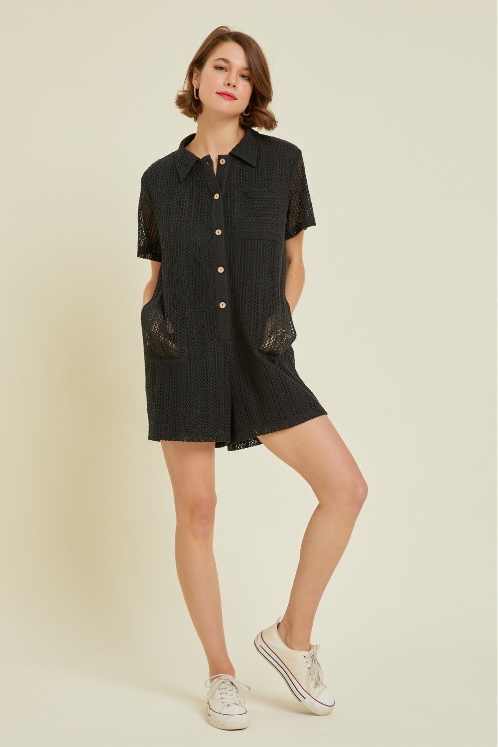 Button down crochet romper with pockets Jumpsuit Heyson Black Small