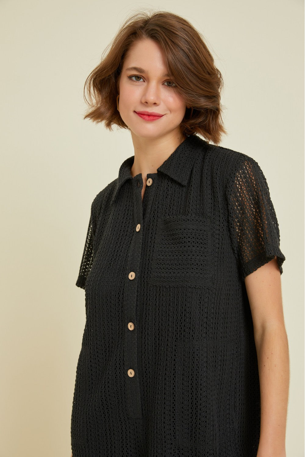 Button down crochet romper with pockets Jumpsuit Heyson