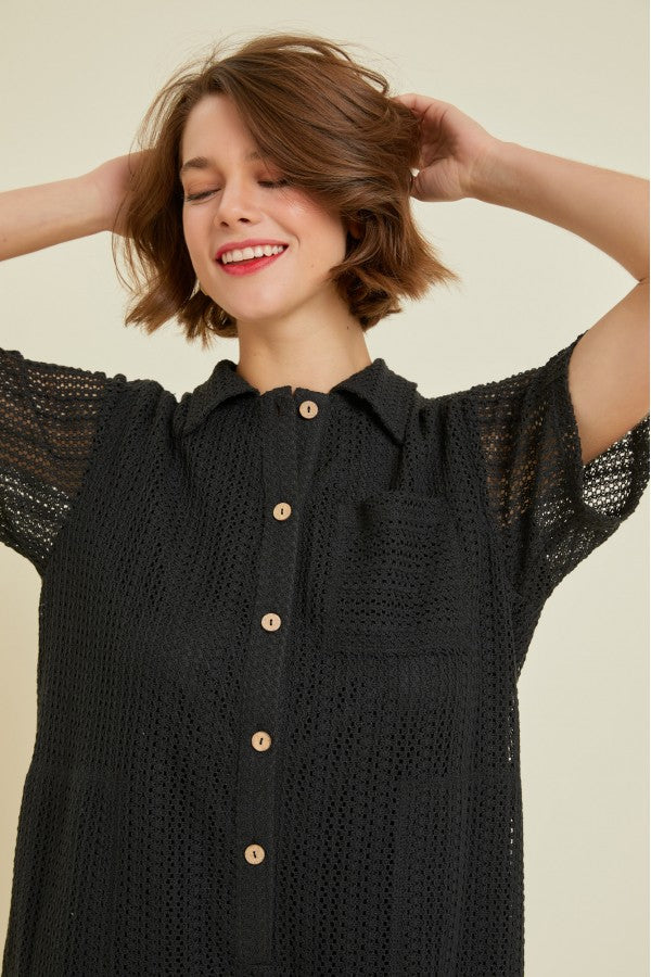 Button down crochet romper with pockets Jumpsuit Heyson