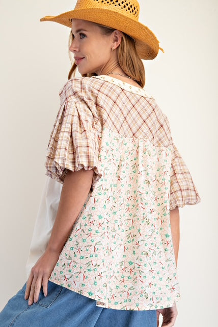Bubble sleeves print mix cotton top