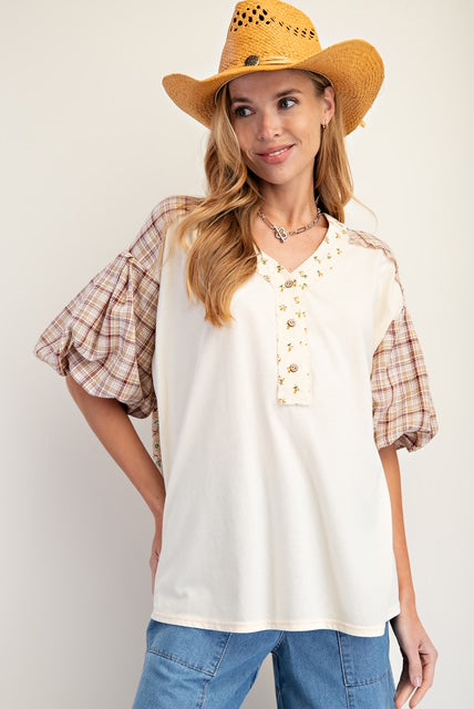 Bubble sleeves print mix cotton top