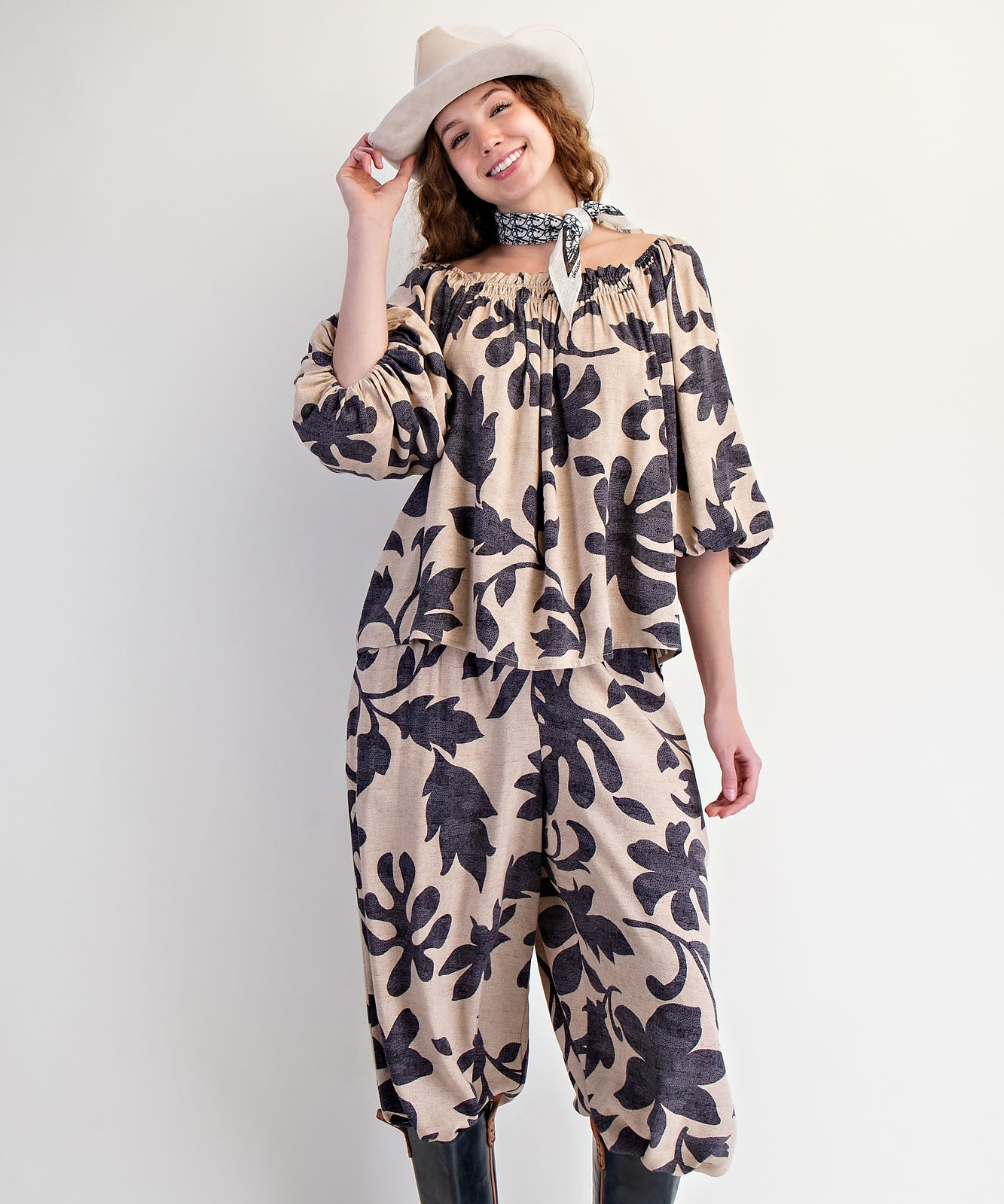 Printed rayon challis smocked waist pants