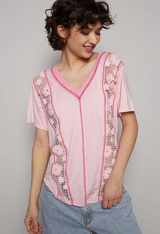 V-neck jersey with overlock stitch detail top