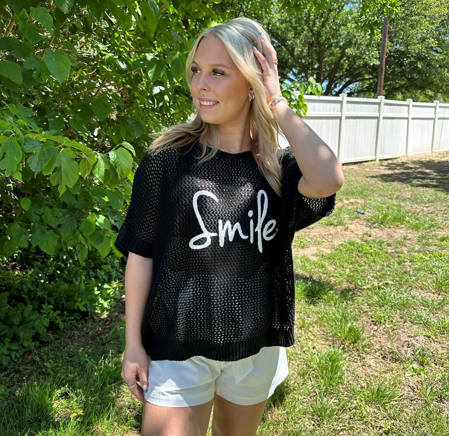 One size fits all cotton knit "smile" shirt Blouse New York Life Black