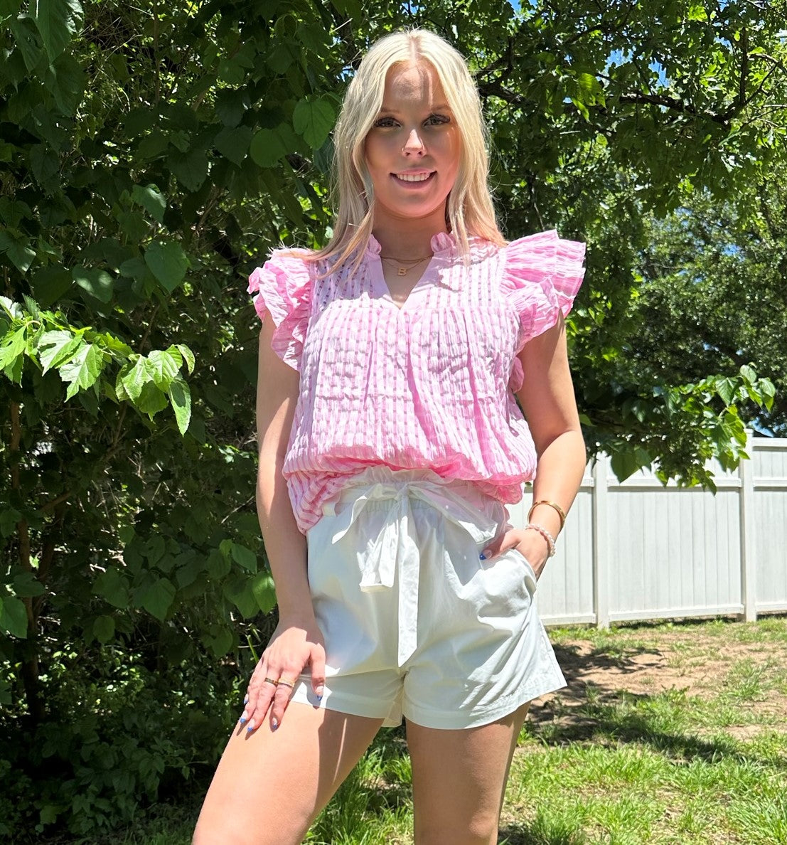 Mandarin collar with ruffle details and double layer ruffle sleeves and round hem top blouse Blouse Davi and Dani