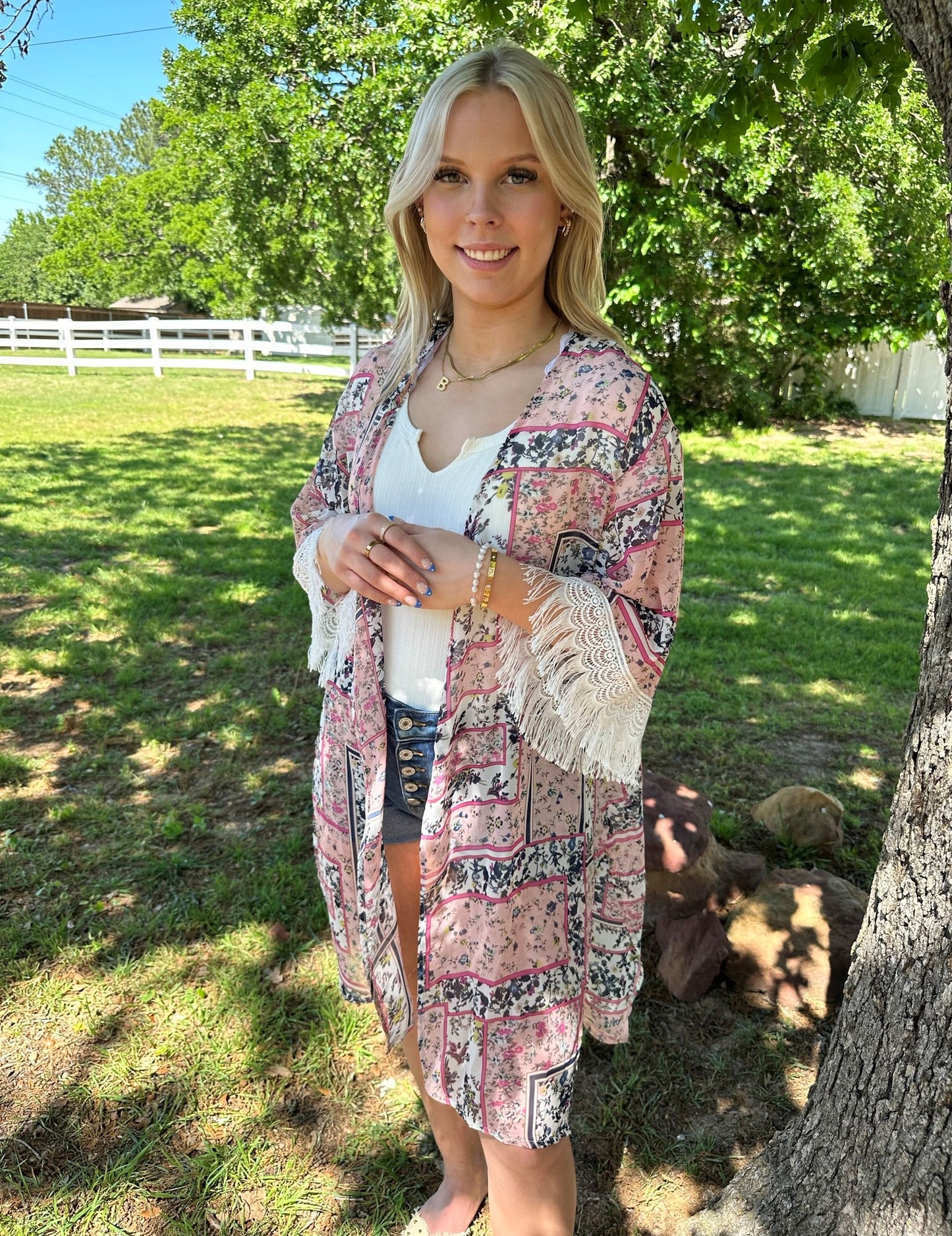 Southern Grace floral kimono with 3/4 length fringe lace sleeves Kimono Southern Grace