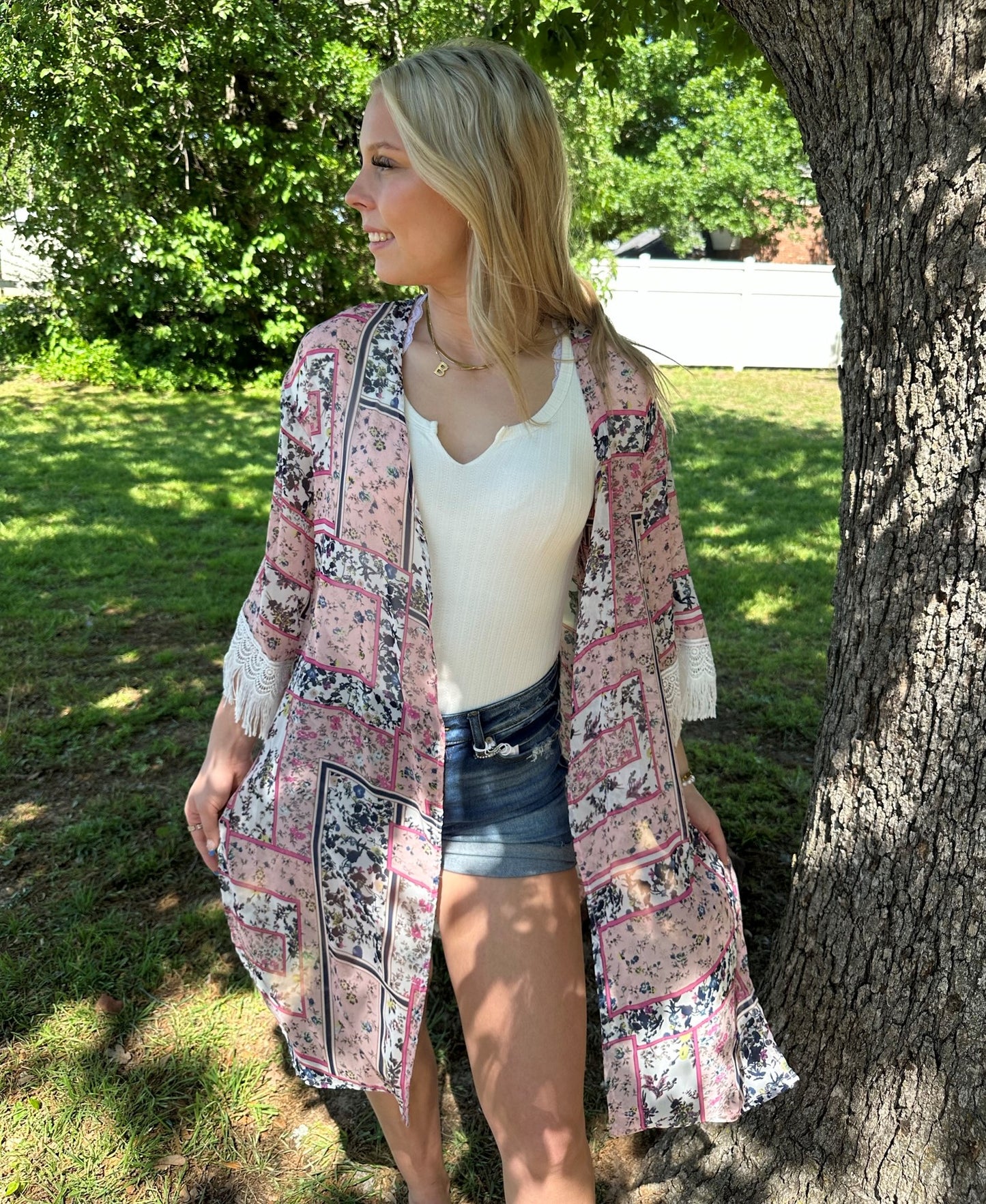 Southern Grace floral kimono with 3/4 length fringe lace sleeves Kimono Southern Grace
