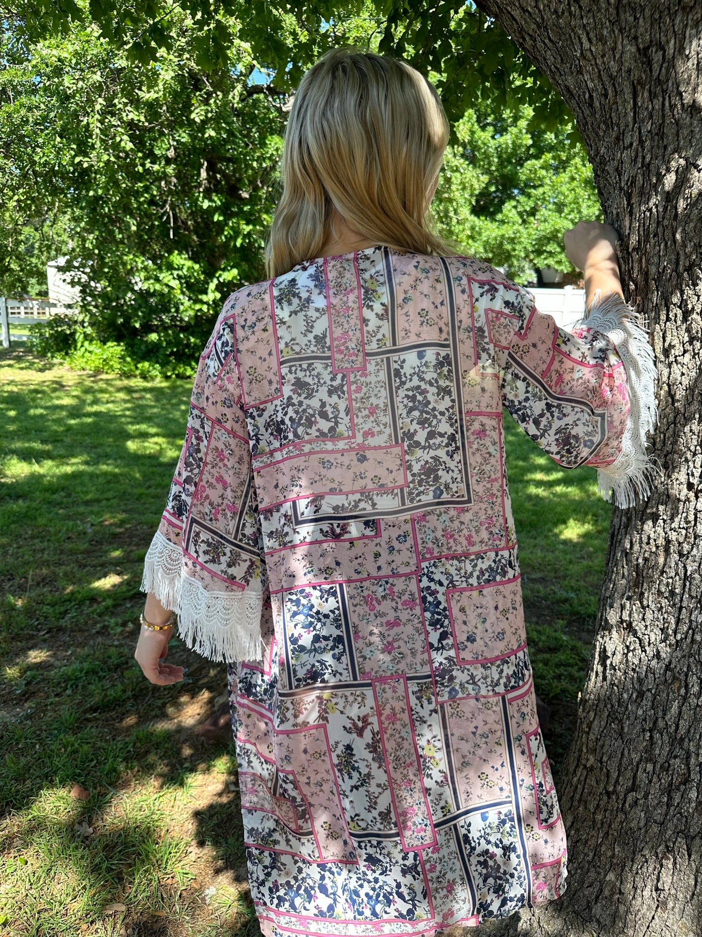 Southern Grace floral kimono with 3/4 length fringe lace sleeves Kimono Southern Grace
