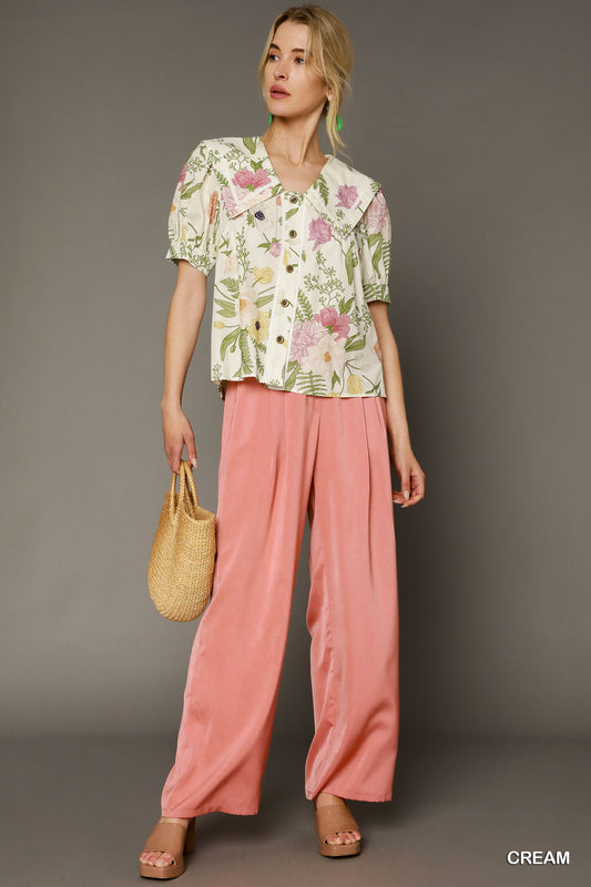 Floral print top with metallic flower buttons