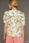 Floral print top with metallic flower buttons