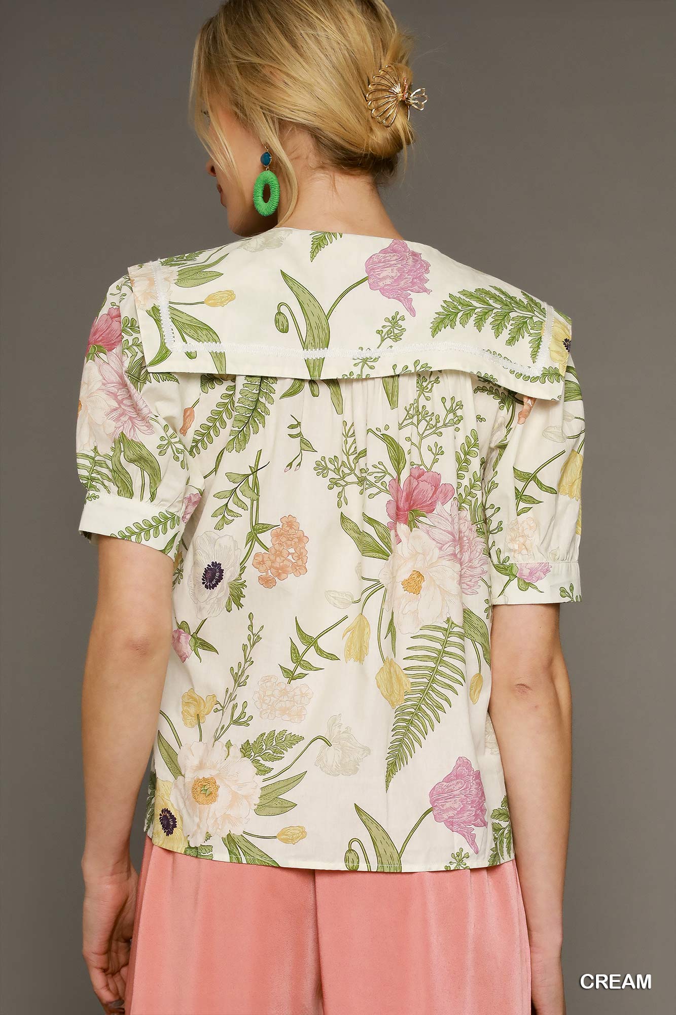 Floral print top with metallic flower buttons