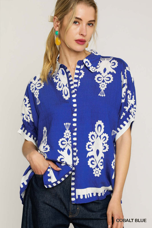 No lining abstract print oversized button down top