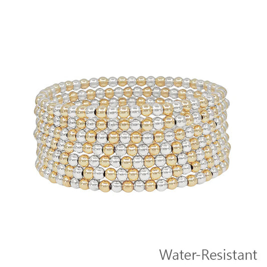 Water Resistant Set of 7 Gold and Silver Beaded Stretch Bracelets