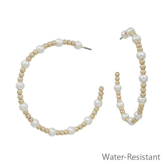 Water Resistant Gold and Pearl 2" 4MM and 2MM Beaded Hoop Earring