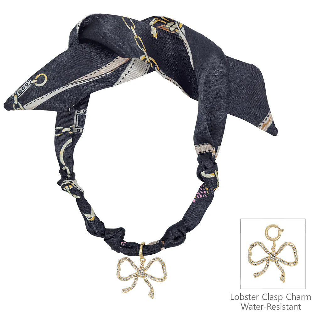 Black Knotted Scarf Necklace with Rhinestone Open Bow 1.5" Charm AND gold-stud earrings, VERY POPULAR!