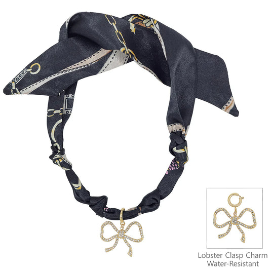 Black Knotted Scarf Necklace with Rhinestone Open Bow 1.5" Charm AND gold-stud earrings, VERY POPULAR!