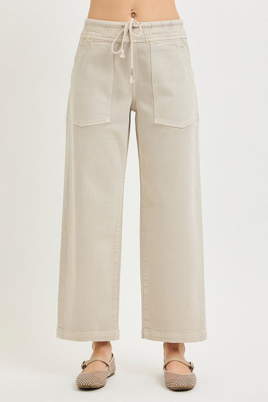Elastic band slouchy cropped baggy jeans with patch pockets